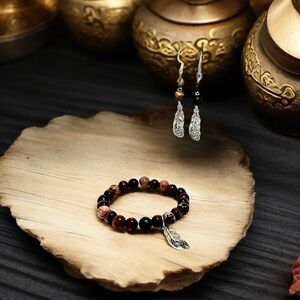 Elegant Silver and Brown Beaded Bracelet and Earring Set